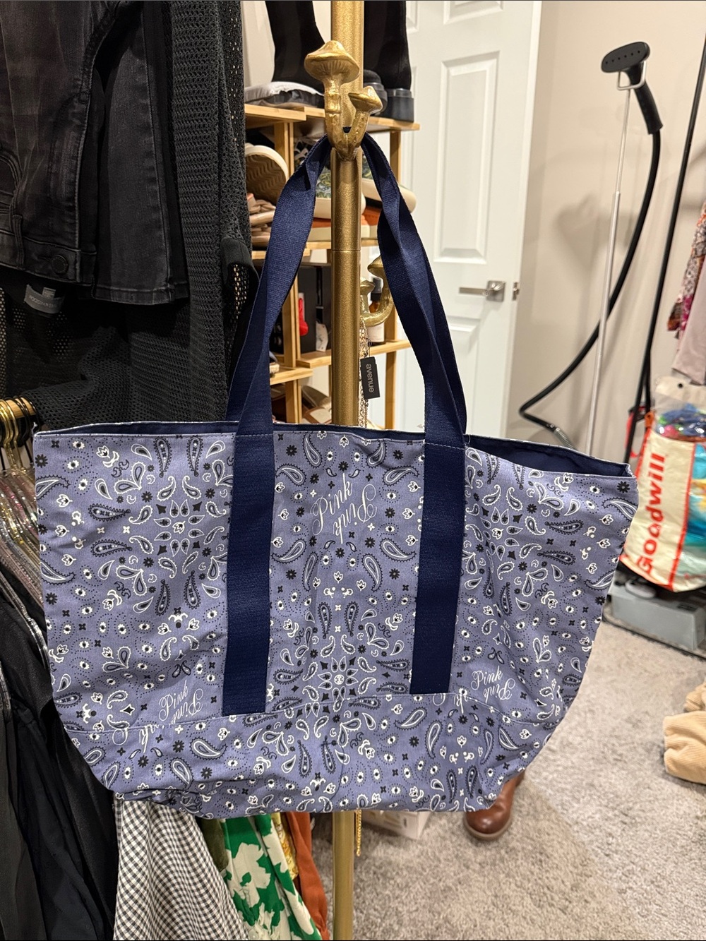 Nwt Victoria's Secret Blue Paisley Canvas Tote with Navy Handles - Picture 3 of 4